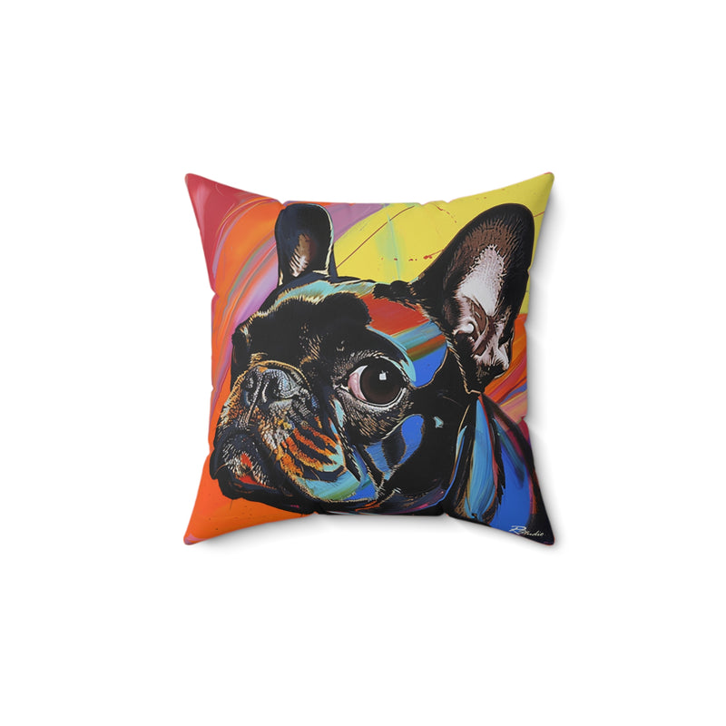 Pop Art Inspired French Bulldog Yellow and Orange Faux Suede Square Pillow
