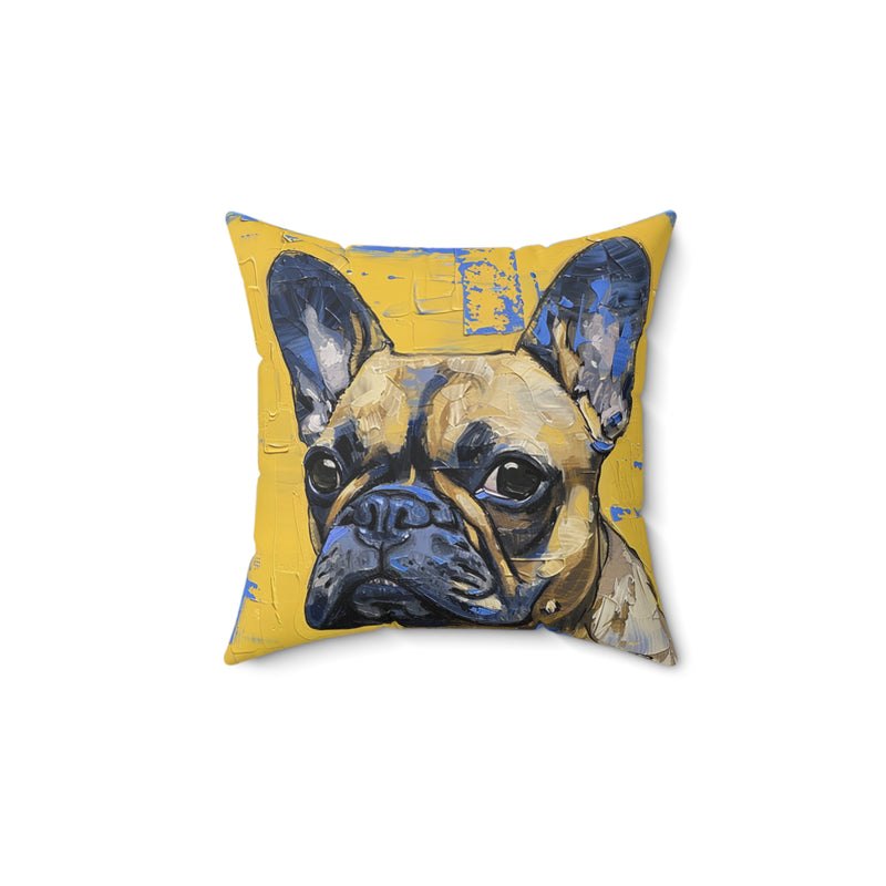 Art Nouveau Inspired French Bulldog Yellow and Blue Suede Square Pillow