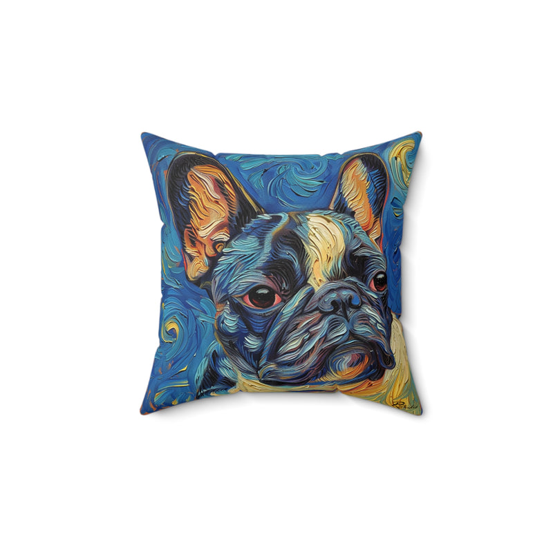 Fine Art Inspired French Bulldog Dark Blue Faux Suede Square Pillow