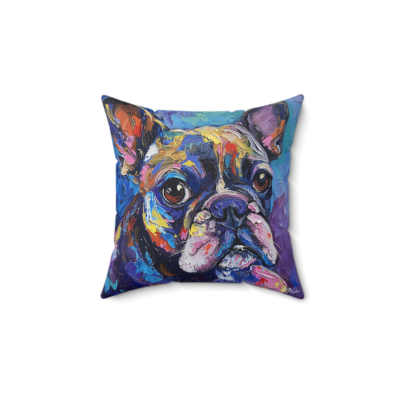 Fine Art Inspired French Bulldog Blue and Purple Faux Suede Square Pillow
