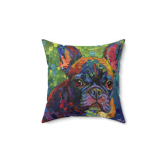 Fine Art Inspired French Bulldog Multi-Color and Green Faux Suede Square Pillow
