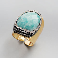Celeste Amazonite and Crystal Gold Tone Large Fashion Ring