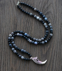 Paxton Mens Necklace Matte Onyx Lava Stones with Antique Dragon Tusk Pendant Mens Necklace - Shop R Studio