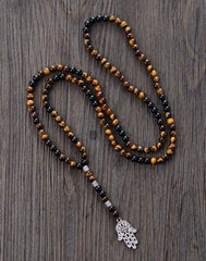 Paxton Mens Necklace with 6MM Tiger Eye Onyx with Antique Beads Hamsa Fatima Hand Pendant - Shop R Studio