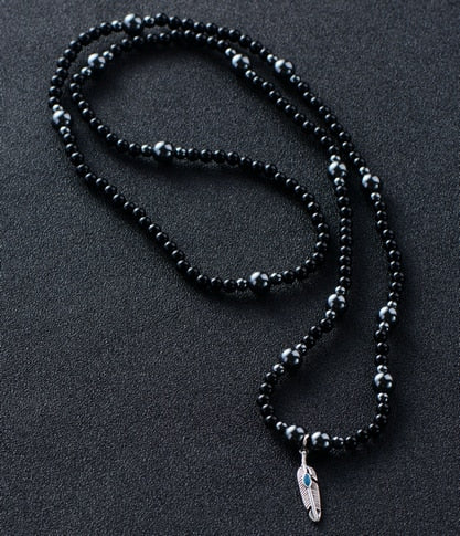 Paxton Men Necklaces 6MM Black Onyx Hematite with Leaf Charm Mens Necklace - Shop R Studio